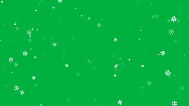 Horizontal falling snow effect on green screen, 4k isolated snowflake animation widescreen broadcast video design element overlay