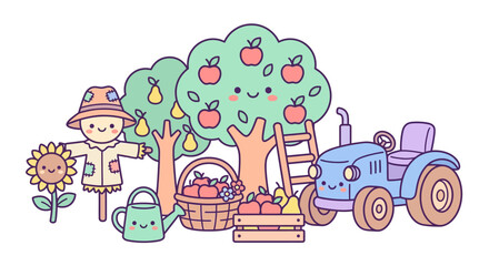 Naklejka premium Cute rural landscape with smiling trees and farm tractor.