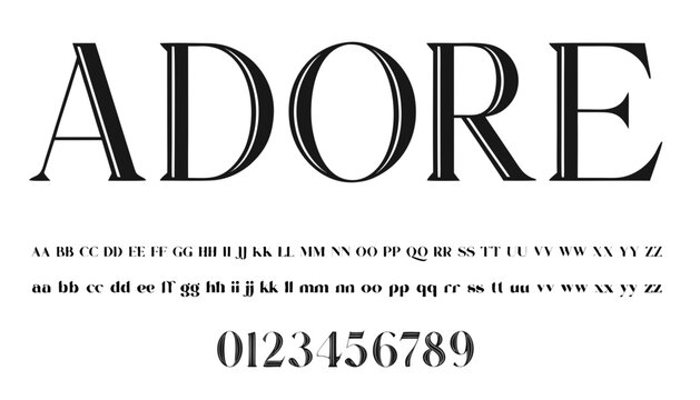 Very beautiful black and white realistic vector illustration of an ADORE ELEGANT FASHION FONT featuring a bold typography label reading "ADORE", engraved uppercase and lowercase letters, elegant numer