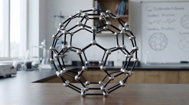 A detailed molecular model of a fullerene (C60) structure, showcasing its intricate spherical geometry within a laboratory setting.