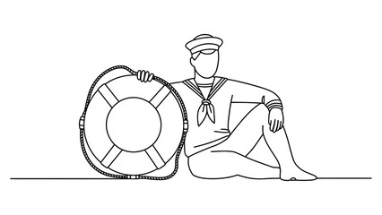 Continuous line drawing of a sailor man sitting and holding a life buoy Vector, illustration © Dipa Roy