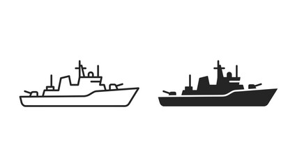 Warship Icons: A collection of line and silhouette icons depicting a modern naval warship, symbolizing power and maritime defense. © jannatul