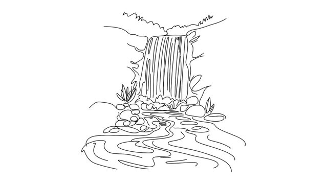 Black and white hand drawn sketch illustration of a scenic waterfall flowing into a rocky river stream Vector, illustration