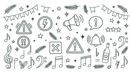 Outline doodles music notes warnings stars banner celebration line art vector collection. © jubayer95