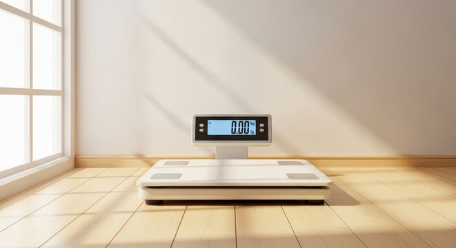 Digital weight scale with zero reading on wooden floor, near large window with sunlight casting shadows, symbolizing health and fitness goals.