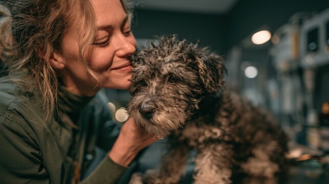 Woman gently kisses her scruffy terrier