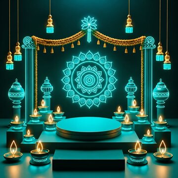 Glowing Diwali Festival Podium Stage with Decorative Diyas and Traditional Mandala