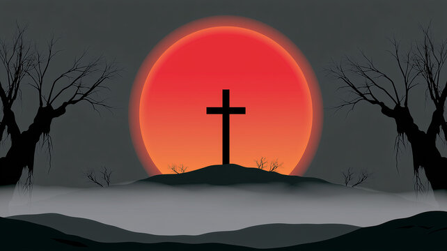 A digital vector graphic featuring a black silhouette of a christian cross standing on a small hill. Ai generated