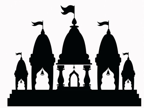 Traditional Hindu Temple Silhouette Icon with Shikhara Domes and Flags