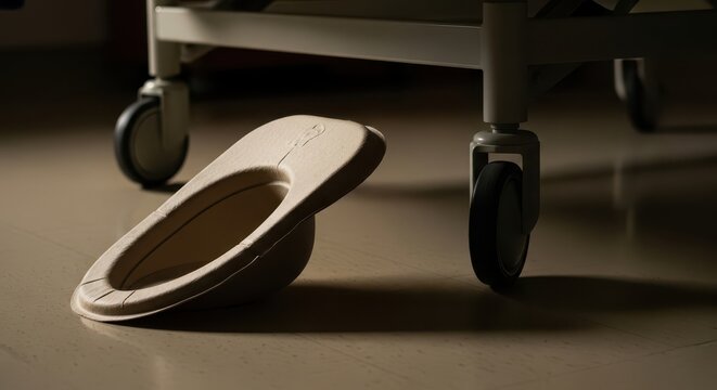 Disposable bedpan on hospital floor next to medical equipment with wheels, hygiene and healthcare concept