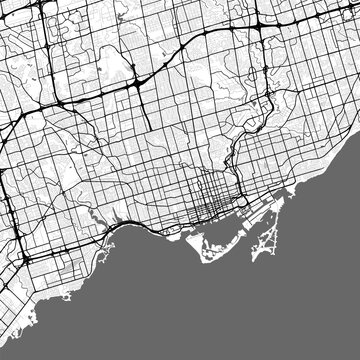 Minimal vector city map of Toronto with streets, parks and Lake Ontario shoreline