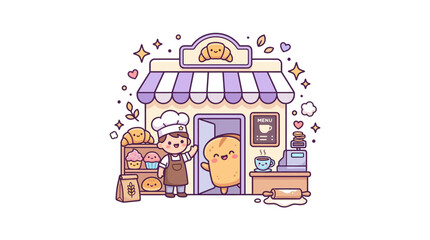 Naklejka premium Kawaii baker and bread mascot.