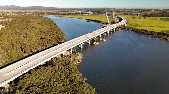Aerial drone view of the M1 Pacific Motorway Extension project at the new Hunter River Bridge, Newcastle, NSW Australia on 26 July 2026