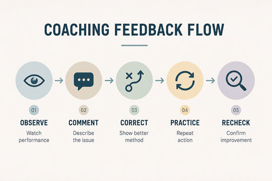 A diagram illustrates the five-step coaching feedback flow: Observe, Comment, Correct, Practice, and Recheck.