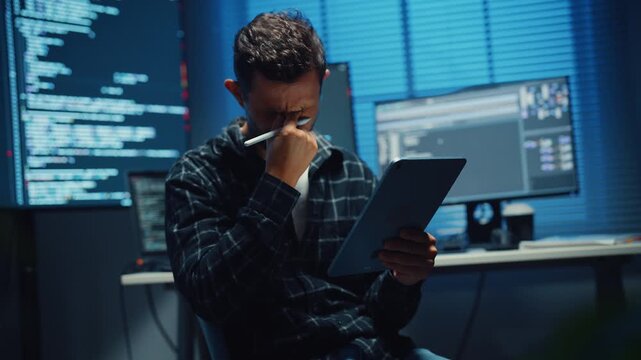 Exhausted Caucasian male programmer holds tablet and suffers headache at tech desk in office night. Job burnout and mental health, Workplace fatigue and pain, Heavy workload overtime pressure concept.