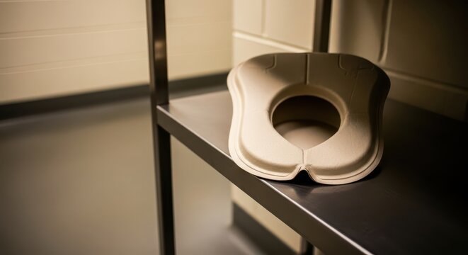 Disposable toilet seat cover for hygiene on a shelf in a public restroom or travel facility