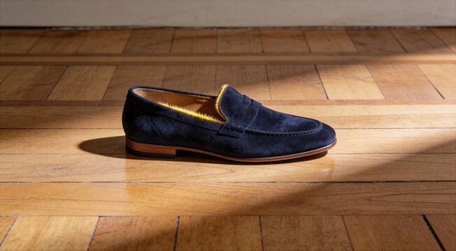 Elegant blue suede penny loafer on wooden floor