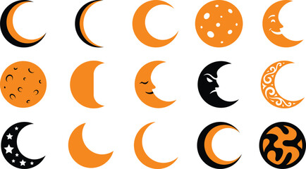Set of various moon phases and celestial icons in orange and black colors for halloween and night sky design projects © MdAtaur