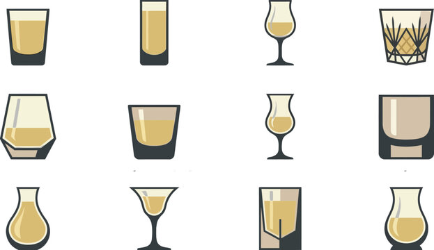 Flat vector collection of various tequila and spirit glassware designs for bar menu or restaurant beverage branding
