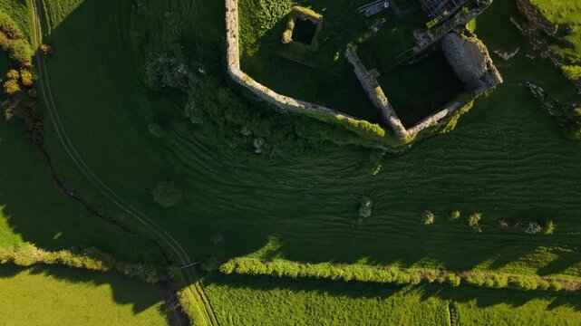Top View Of Medieval Stonework And Architectural Restoration Of The Castle Interior. Roche Castle Near Dundalk In County Louth, Ireland. Aerial Shot