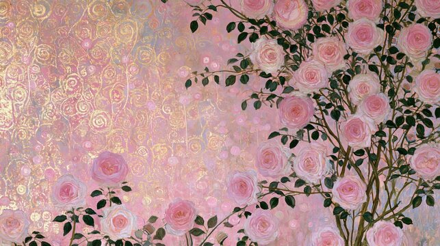 Elegant Floral Background with Pink Roses and Golden Swirls for Growth and Beauty