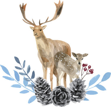 Deer and Fawn in Winter Arrangement