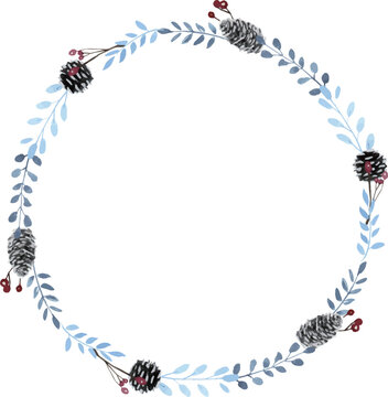 Winter Wreath with Pine Cones and Berries Watercolor