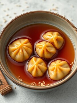 Golden brown Tang Yuan sweet dumplings float in a bowl of sweet syrup, surrounded by a sprinkle of sesame seeds, seeds, tangyuan
