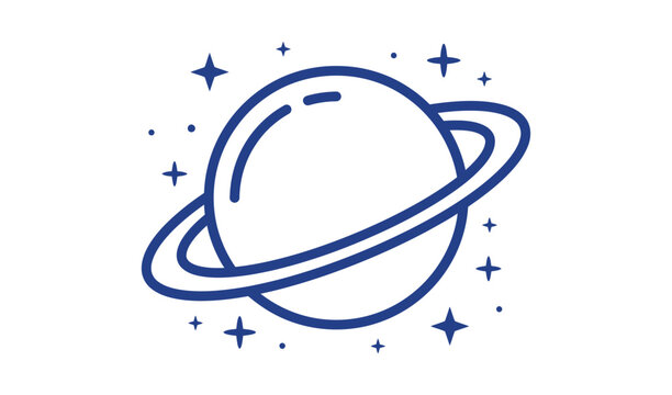 Blue line art icon of a planet with rings surrounded by stars, simple celestial illustration for space and astronomy design vector