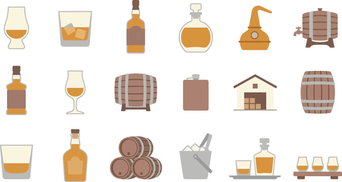 Flat vector icon collection showcasing whiskey barrels, distillery equipment, glass tumblers, and aged spirits.