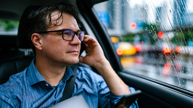 A business traveler sits in a rain-soaked taxi watching a city blur past the window, laptop bag on lap, phone showing a delayed flight notification, the disorienting grind of constant professional t