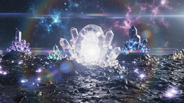 Glowing crystals on a dark alien surface with a vibrant nebula and starry sky background.