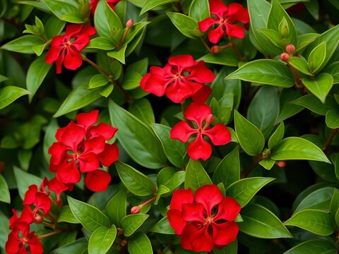 Lush red blooms surrounded by vibrant green leaves, delicate stems and gentle curves, garden, beauty