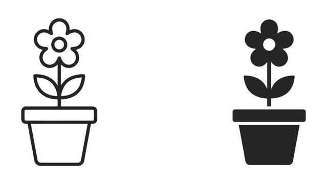 Potted Flower Icon: Two simple icons represent a flower in a pot, one outlined in black and white, the other filled solid black.