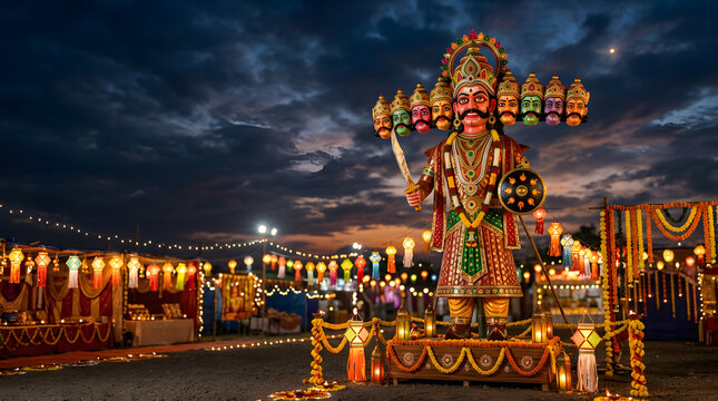 Large Ravana effigy standing in a field for Dussehra.