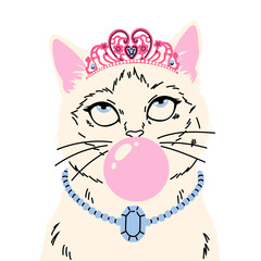 Cute Fluffy Cat Wearing Crown and Blue Gem Necklace © Inna