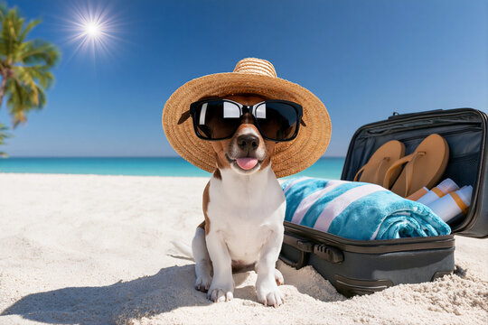 Funny dog in sunglasses and straw hat with open suitcase on palm beach background. Seaside vacation and travel concept. Funny animal for banner with copy space 
