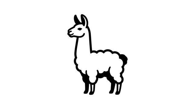 A simple black and white line art illustration of a standing llama with a fluffy body and a long neck, facing left.