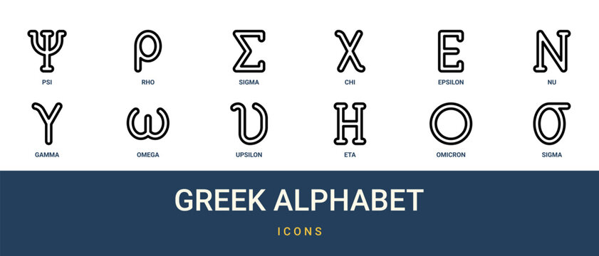 Set of 12 outline web Greek Alphabet icons such as sigma, omicron, eta, upsilon, omega, gamma, nu vector icons for report, presentation, diagram, web design, mobile app