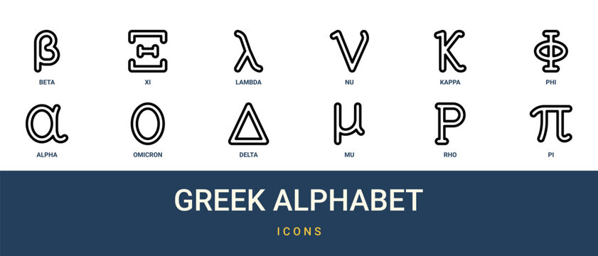 Set of 12 outline web Greek Alphabet icons such as Pi, rho, mu, delta, omicron, alpha, phi vector icons for report, presentation, diagram, web design, mobile app