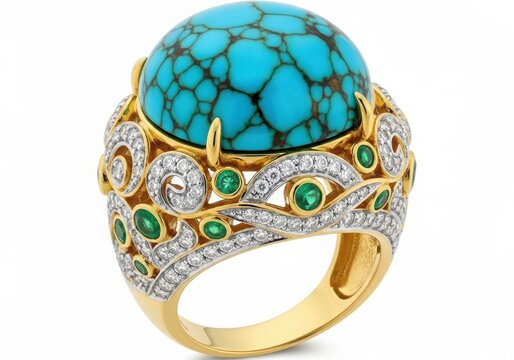 Vintage gold ring with turquoise and diamond stones isolated on white background
