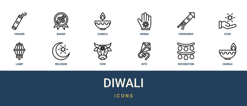 Set of 12 outline web Diwali icons such as candle, decoration, kite, cow, religion, lamp, star vector icons for report, presentation, diagram, web design, mobile app