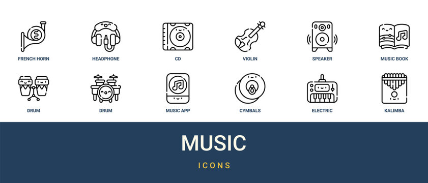 Set of 12 outline web Music icons such as kalimba, electric keyboard, cymbals, music app, drum, drum, music book vector icons for report, presentation, diagram, web design, mobile app