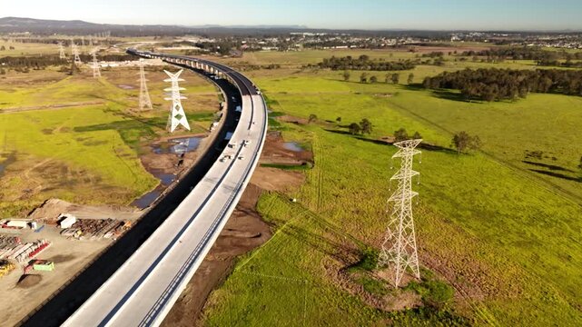 Aerial drone view of the viaduct on the M1 Pacific Motorway Extension project heading toward Tarro, Newcastle, NSW Australia on 26 July 2026