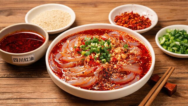 Sichuan spicy jelly noodles (liangfen) in red chili oil garnished with chopped green onion, crushed peanuts and sesame seeds, raw seasonings arranged around bowl on rustic wooden table authentic chine