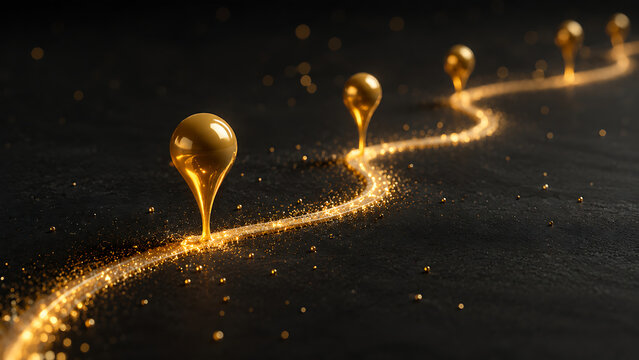 Golden navigation pins illuminate a winding route across dark textured ground symbolizing direction progress milestones journey planning strategy and successful business achievement vision