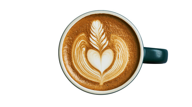Cappuccino coffee with latte art heart and leaf pattern in dark green mug