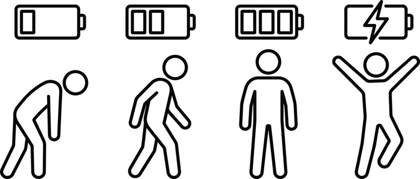 Human energy level and battery charge status line art vector set with tired exhausted walking standing energized figures