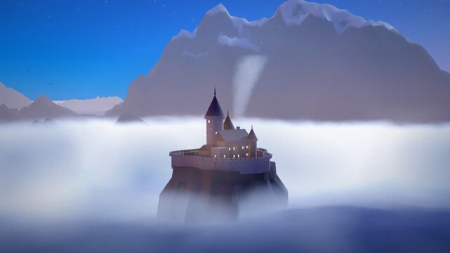 Fantasy castle above clouds in mountains