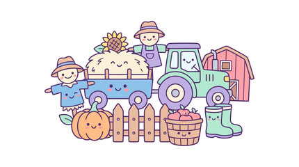 Naklejka premium Whimsical kawaii farm scene with tractor and harvest vegetables characters.
